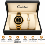 Ceshdun Women’s Black and Gold-Tone Stone-Set Watch and Bangle Gift Set