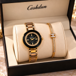 Ceshdun Women’s Black and Gold-Tone Stone-Set Watch and Bangle Gift Set