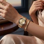 Ceshdun Gold-Tone Women’S Round Wristwatch & Bracelet Set With Champagne Dial & Black Bezel MS Department Store Oman