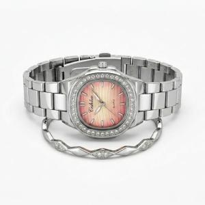 Ceshdun Silver-Tone Women’S Round Wristwatch & Bracelet Set With Pink Dial & Crystal Bezel MS Department Store Oman