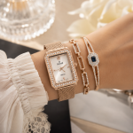 Sveston Women’s Rose Gold Rectangular Crystal Watch & Bracelet Jewelry Set – Assorted MS Department Store Oman