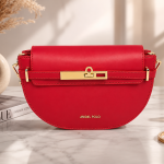 ANGEL POLO Crimson Red Half-Moon Crossbody Bag with Gold Bar Lock