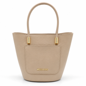 ANGEL POLO Beige Nude Leatherette Bucket Tote Bag with Front Pocket