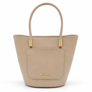 ANGEL POLO Beige Nude Leatherette Bucket Tote Bag with Front Pocket
