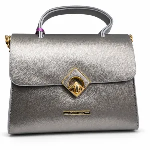 ANGELPOLO Metallic Grey Top-Handle Handbag with Diamond Turn-Lock