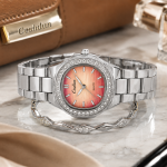 Ceshdun Silver-Tone Women’S Round Wristwatch & Bracelet Set With Pink Dial & Crystal Bezel MS Department Store Oman