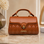 ANGELPOLO Cognac Brown Quilted Top-Handle Satchel with Turn-Lock Closure