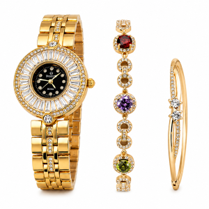 Sveston Rosa Women’s Gold-Tone Crystal Watch & Bracelet Jewelry Set – Assorted MS Department Store Oman