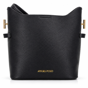 ANGEL POLO Black Textured Leatherette Bucket Bag with Gold Hardware