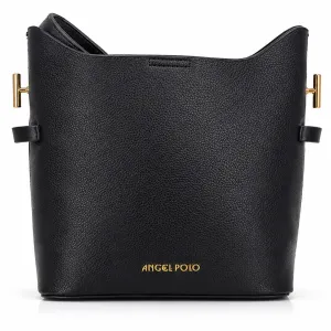 ANGEL POLO Black Textured Leatherette Bucket Bag with Gold Hardware
