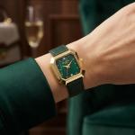 Women'S Watch – Square Gold Case With Emerald Green Dial And Green Leather Strap MS Department Store Oman