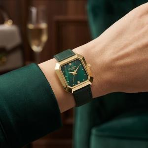 Women'S Watch – Square Gold Case With Emerald Green Dial And Green Leather Strap MS Department Store Oman