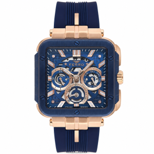 Ferro Men's Skeleton Multifunction Square Watch with Blue Silicone Strap & Rose Gold Case MS Department Store Oman