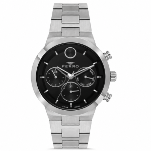 Ferro Men's Stainless Steel Multi-Function Analog Watch with Black Dial – Silver Bracelet MS Department Store Oman