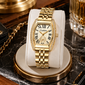 Ceshdun Gold Women’S Tonneau Wristwatch & Bracelet Set With Champagne Dial & Roman Numerals MS Department Store Oman