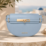 ANGEL POLO Light Blue Half-Moon Crossbody Bag with Gold Bar Hardware