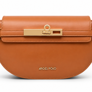 ANGEL POLO Cognac Brown Half-Moon Crossbody Bag with Gold Bar Lock