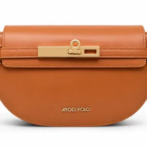 ANGEL POLO Cognac Brown Half-Moon Crossbody Bag with Gold Bar Lock