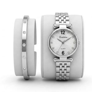 Ceshdun Silver-Tone Women’S Round Wristwatch & Bracelet Set With White Dial & Crystal Markers MS Department Store Oman