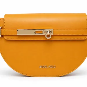 ANGEL POLO Mustard Yellow Half-Moon Crossbody Bag with Gold Bar Lock