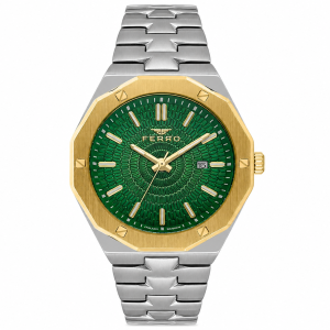 Ferro Men's Two-Tone Stainless Steel Analog Watch with Green Textured Dial & Date Display MS Department Store Oman
