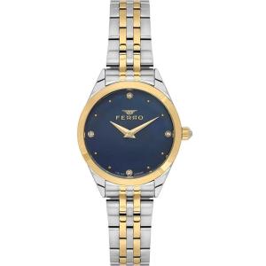Ferro Women's Two-Tone Stainless Steel Analog Watch with Blue Dial & Crystal Hour Markers MS Department Store Oman