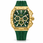 Ferro Men’s Green Dial Gold-Tone Tonneau Multifunction Watch with Green Silicone Strap