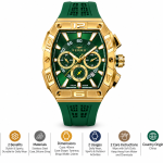 Ferro Men’s Green Dial Gold-Tone Tonneau Multifunction Watch with Green Silicone Strap