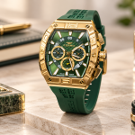Ferro Men’s Green Dial Gold-Tone Tonneau Multifunction Watch with Green Silicone Strap