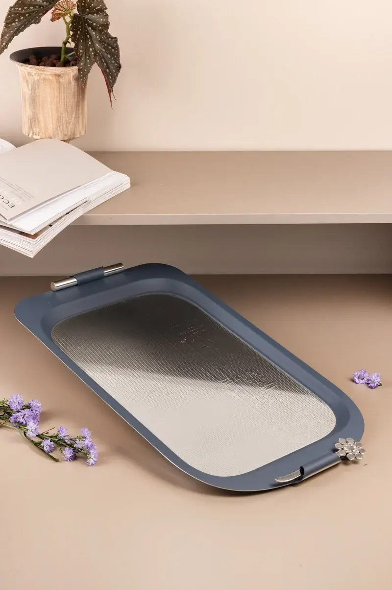 Otantik Luxury Iron Serving Tray From Miral Dark blue + Silver MS Department Store Oman