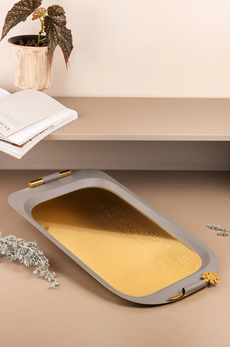 Otantik Luxury Iron Serving Tray From Miral Grey + Gold MS Department Store Oman