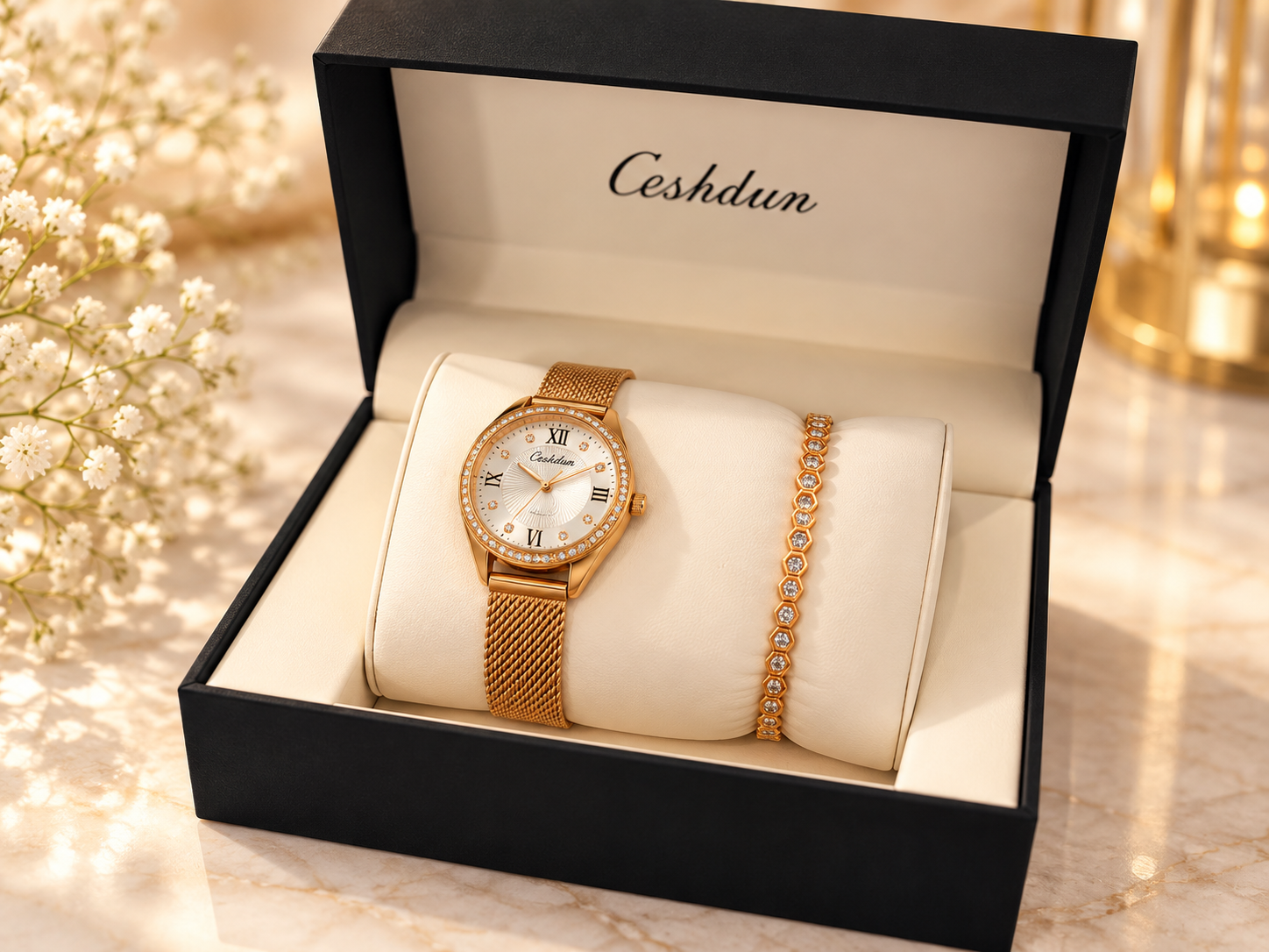 Ceshdun Women’s Gold-Tone Stone-Set Mesh Watch and Bracelet Gift Set MS Department Store Oman