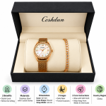 Ceshdun Women’s Gold-Tone Stone-Set Mesh Watch and Bracelet Gift Set MS Department Store Oman