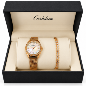 Ceshdun Women’s Gold-Tone Stone-Set Mesh Watch and Bracelet Gift Set MS Department Store Oman