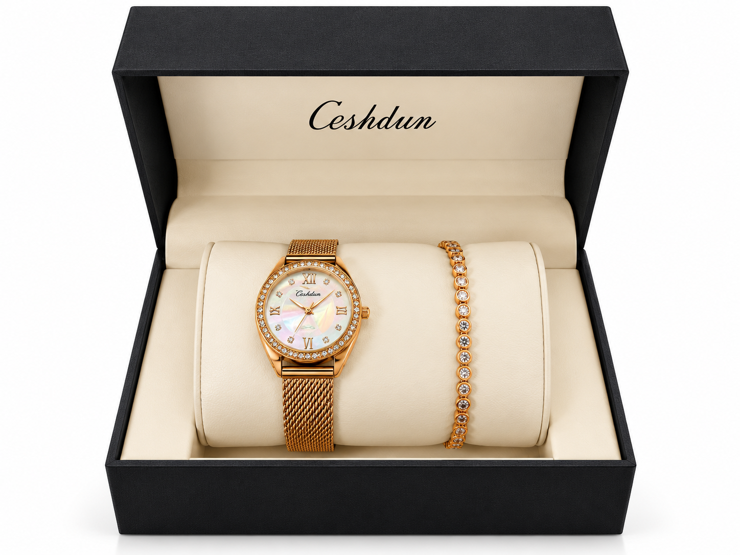 Ceshdun Women’s Gold-Tone Stone-Set Mesh Watch and Bracelet Gift Set MS Department Store Oman
