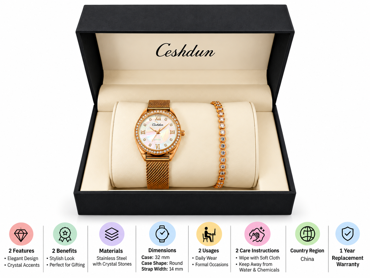 Ceshdun Women’s Gold-Tone Stone-Set Mesh Watch and Bracelet Gift Set MS Department Store Oman