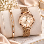 Ceshdun Women’s Champagne Dial Rose Gold Mesh Watch & Crystal Bracelet Set
