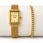 Ceshdun Women's Gold Dial Gold-Tone Rectangular Watch with Stone-Studded Bracelet Gift Set