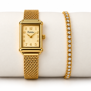 Ceshdun Women's Gold Dial Gold-Tone Rectangular Watch with Stone-Studded Bracelet Gift Set