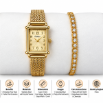 Ceshdun Women's Gold Dial Gold-Tone Rectangular Watch with Stone-Studded Bracelet Gift Set