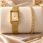 Ceshdun Women's Gold Dial Gold-Tone Rectangular Watch with Stone-Studded Bracelet Gift Set