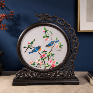 Hand-Embroidered Silk Bird And Floral Tabletop Screen MS Department Store Oman