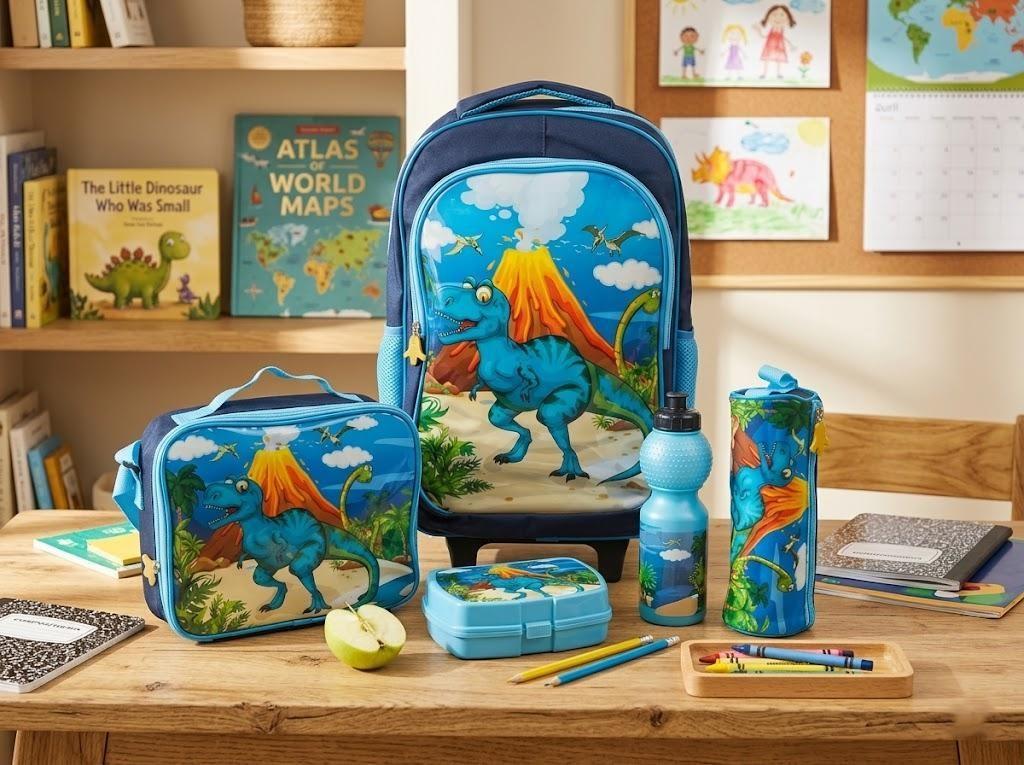 WIRES SCHOOL BAG TROLLEY 18" WITH LUNCH BAG, PENCIL CASE, DINNER SET & WATER BOTTLE WITH DRAGON PRINT MS Department Store Oman