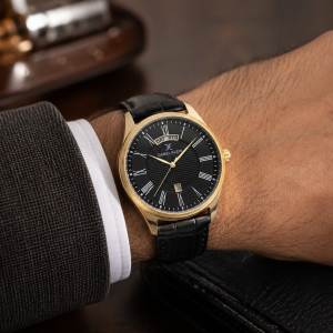 Daniel Klein Men'S Classic Gold-Tone Analog Watch With Black Leather Strap, Day & Date Display MS Department Store Oman