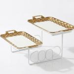 Blumen 2  Tier Rect handle Plate With Stand - Gold MS Department Store Oman