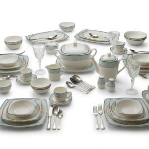 Blumen Elegant Azure & Gold Porcelain Dinner Set – 57 Piece Comprehensive Square Ms Department Store Oman