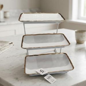 Blumen 3 Tier Rect Plates With Stand - Gold Ms Department Store Oman