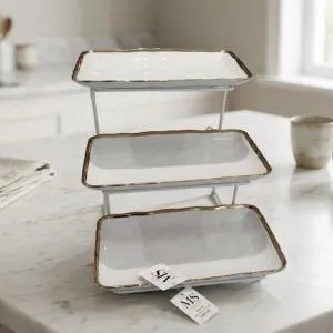 Blumen 3 Tier Rect Plates With Stand - Gold Ms Department Store Oman