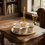 6 Arabic Coffee Cups With Stand And Handle From Liqaa -  Beige + Gold MS Department Store Oman