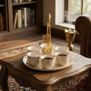 6 Arabic Coffee Cups With Stand And Handle From Liqaa -  Beige + Gold MS Department Store Oman